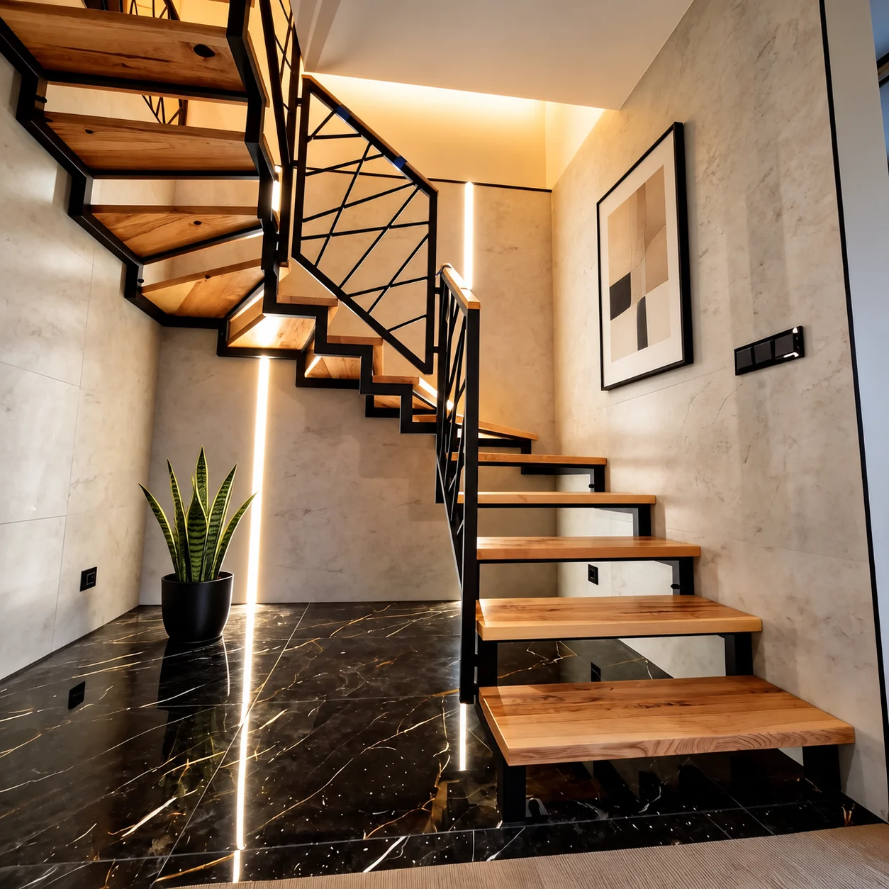 Schody z balustradą geometryczną